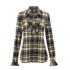 CAbi Seattle Blue Yellow Plaid Ruffle Front Long Sleeve Preppy Shirt Medium